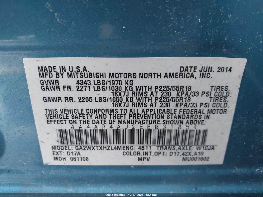 2014 Mitsubishi Outlander Sport Se VIN: 4A4AR4AU2EE031854 Lot: 43963967