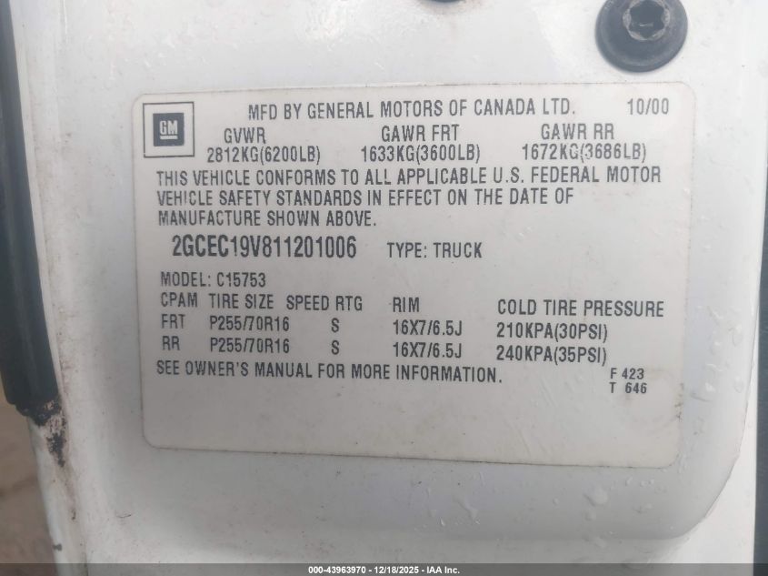 2001 Chevrolet Silverado 1500 Ls VIN: 2GCEC19V811201006 Lot: 43963970