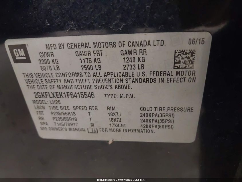 2015 GMC Terrain Slt-1 VIN: 2GKFLXEK1F6415546 Lot: 43963977