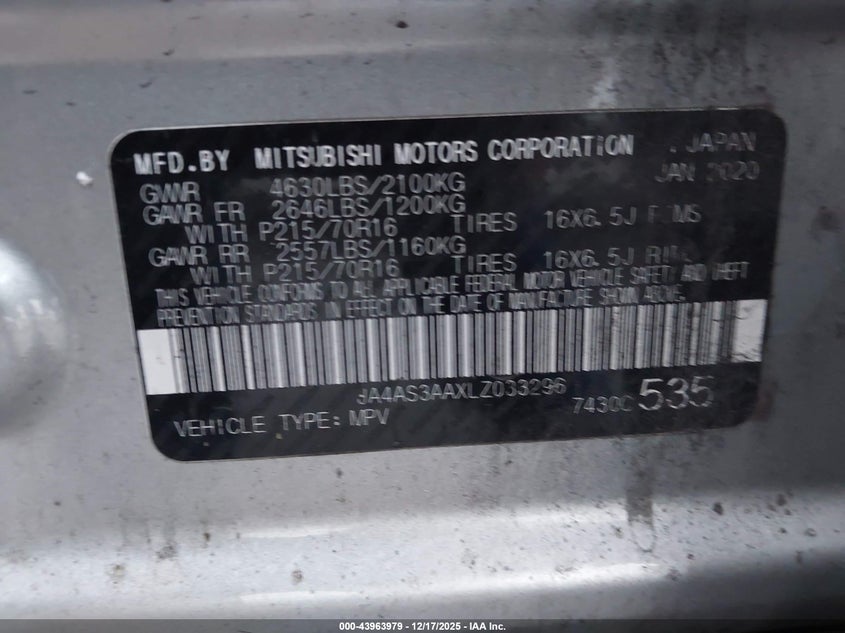 2020 Mitsubishi Eclipse Cross Es 1.5T VIN: JA4AS3AAXLZ033296 Lot: 43963979