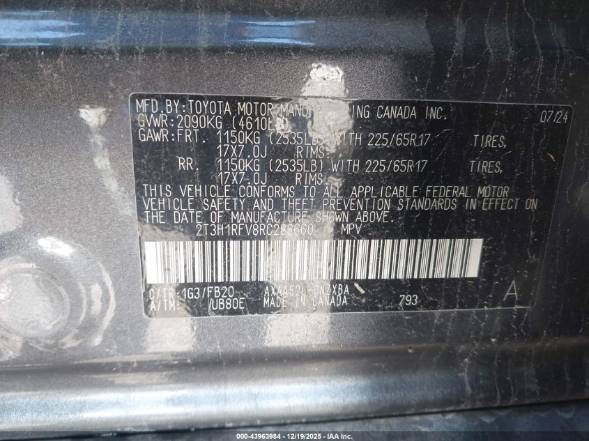 2024 Toyota Rav4 Le VIN: 2T3H1RFV8RC288660 Lot: 43963984