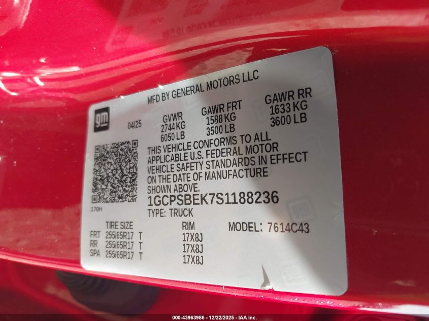 2025 Chevrolet Colorado 2Wd Wt VIN: 1GCPSBEK7S1188236 Lot: 43963986