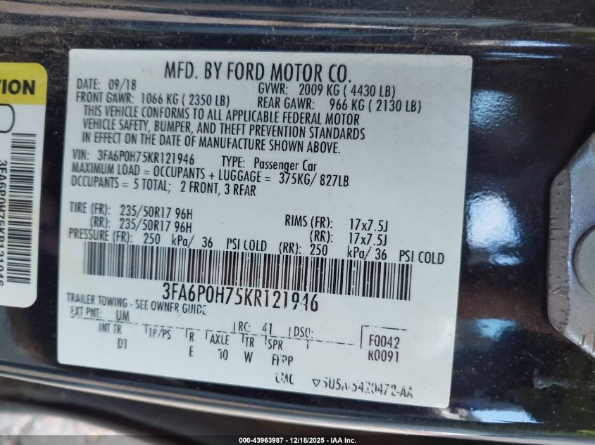 2019 Ford Fusion Se VIN: 3FA6P0H75KR121946 Lot: 43963987