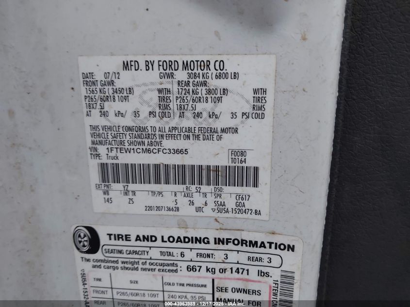 2012 Ford F-150 Xlt VIN: 1FTEW1CM6CFC33665 Lot: 43963989