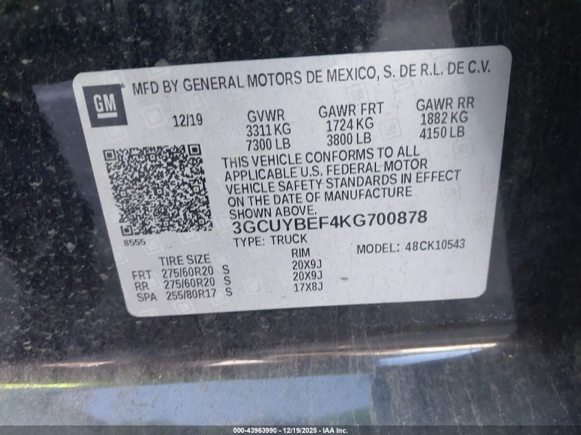 2019 Chevrolet Silverado 1500 Custom VIN: 3GCUYBEF4KG700878 Lot: 43963990