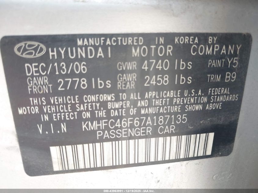 2007 Hyundai Azera Limited/Se VIN: KMHFC46F67A187135 Lot: 43963991