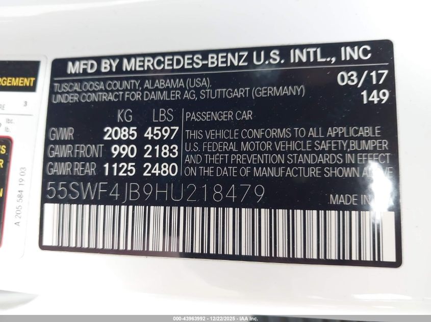 2017 Mercedes-Benz C 300 VIN: 55SWF4JB9HU218479 Lot: 43963992