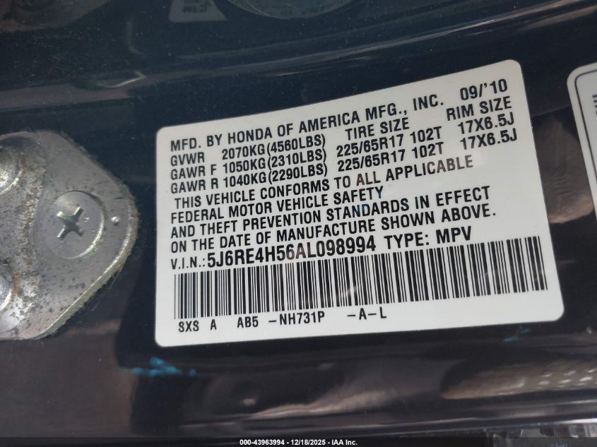 2010 Honda Cr-V Ex VIN: 5J6RE4H56AL098994 Lot: 43963994