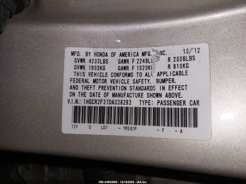 2013 Honda Accord Lx VIN: 1HGCR2F37DA038293 Lot: 43963995