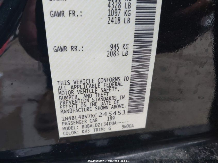 2019 Nissan Altima 2.5 S VIN: 1N4BL4BV7KC245451 Lot: 43963997