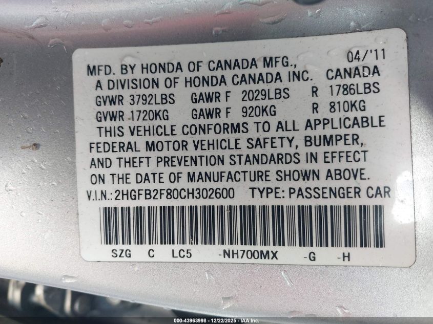 2012 Honda Civic Ex VIN: 2HGFB2F80CH302600 Lot: 43963998