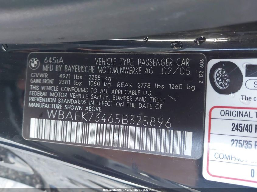 2005 BMW 645Ci VIN: WBAEK73465B325896 Lot: 43963999