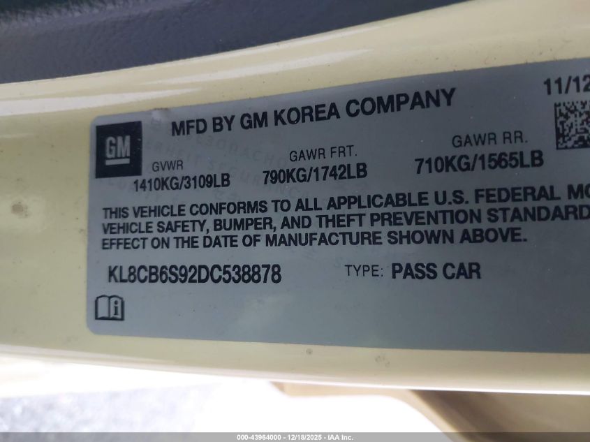 2013 Chevrolet Spark Ls Auto VIN: KL8CB6S92DC538878 Lot: 43964000