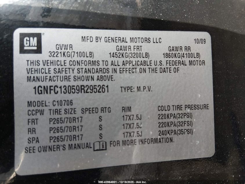 2009 Chevrolet Tahoe Ls VIN: 1GNFC13059R295261 Lot: 43964001