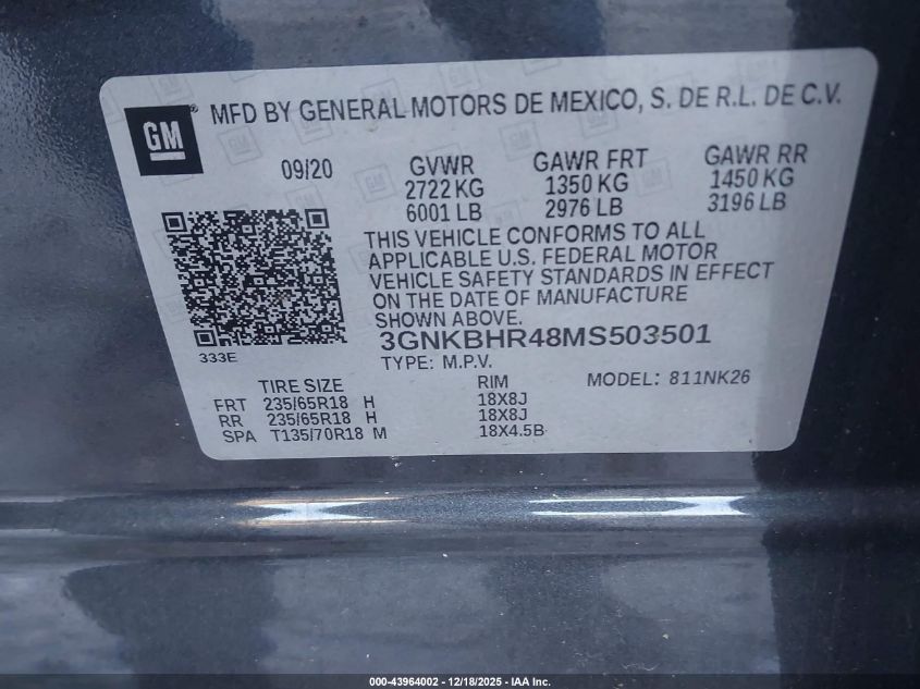 2021 Chevrolet Blazer Awd 2Lt VIN: 3GNKBHR48MS503501 Lot: 43964002