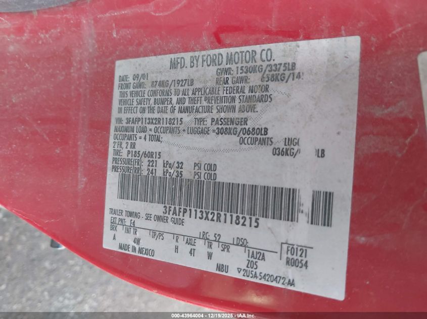 2002 Ford Escort Zx2 VIN: 3FAFP113X2R118215 Lot: 43964004