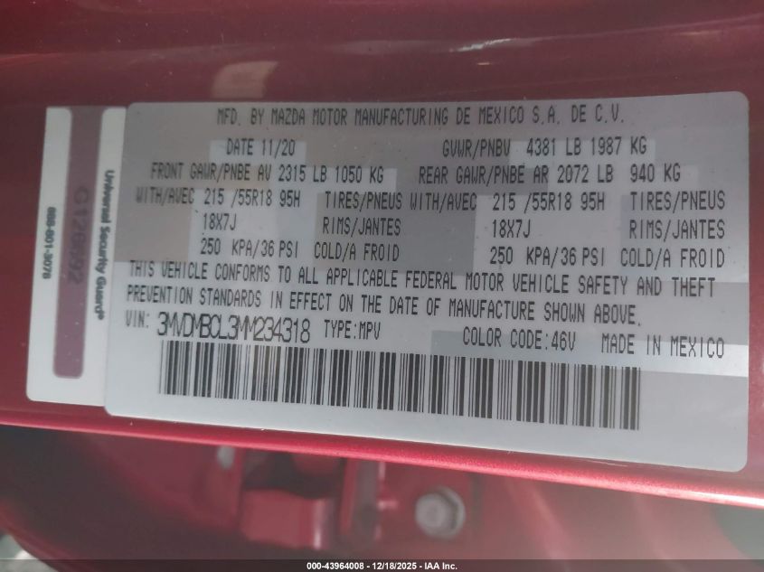 2021 Mazda Cx-30 Preferred VIN: 3MVDMBCL3MM234318 Lot: 43964008