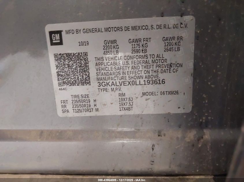 2020 GMC Terrain Awd Slt VIN: 3GKALVEX0LL193616 Lot: 43964009