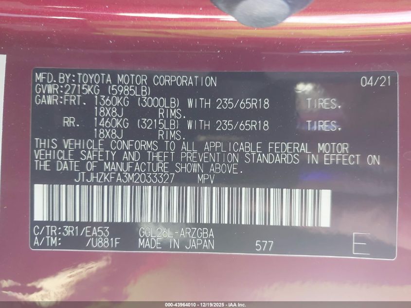 2021 Lexus Rx 350L VIN: JTJHZKFA3M2033327 Lot: 43964010