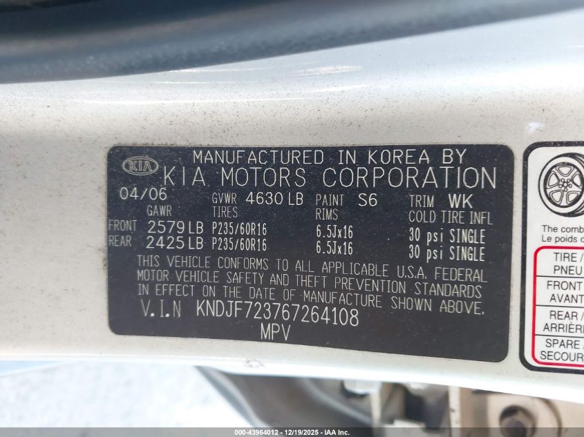 2006 Kia Sportage Ex V6/Lx V6 VIN: KNDJF723767264108 Lot: 43964012