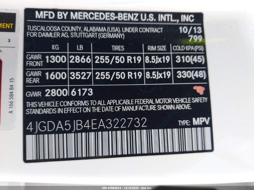 2014 Mercedes-Benz Ml 350 VIN: 4JGDA5JB4EA322732 Lot: 43964014