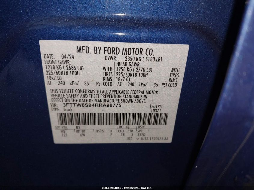 2024 Ford Maverick Lariat VIN: 3FTTW8S94RRA98775 Lot: 43964015