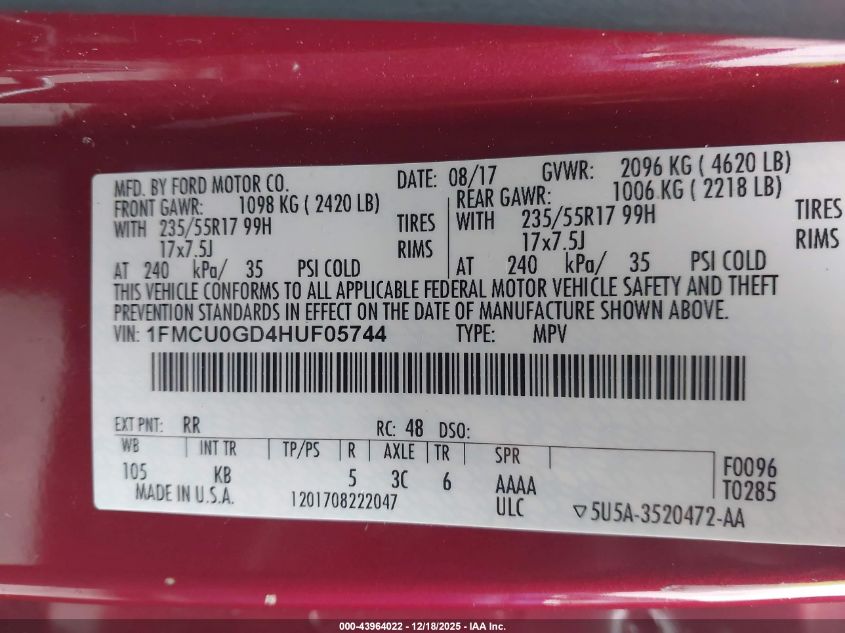 2017 Ford Escape Se VIN: 1FMCU0GD4HUF05744 Lot: 43964022