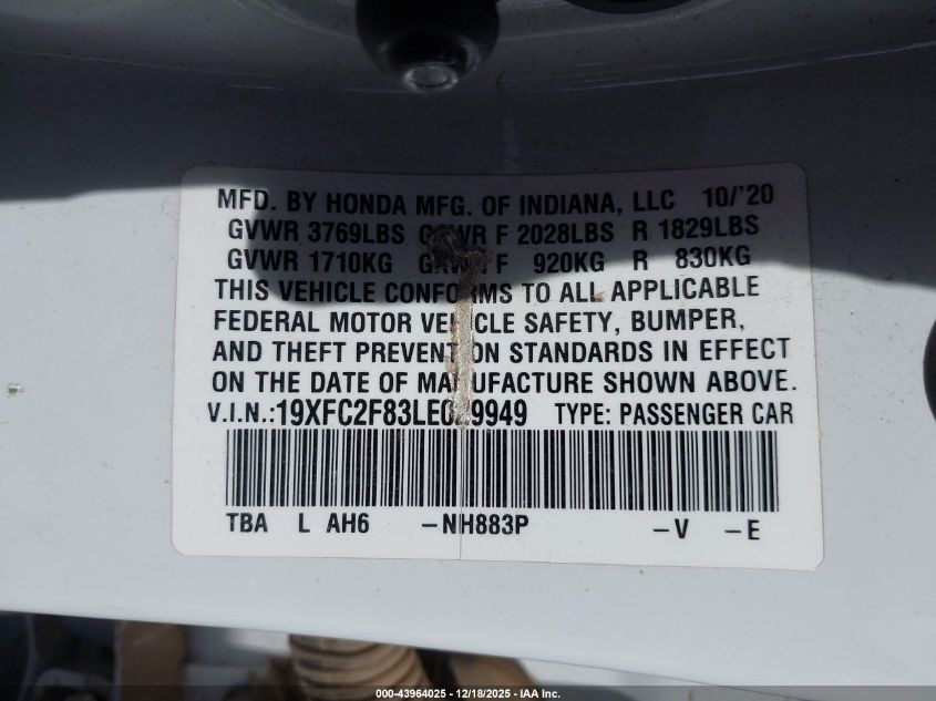 2020 Honda Civic Sport VIN: 19XFC2F83LE029949 Lot: 43964025