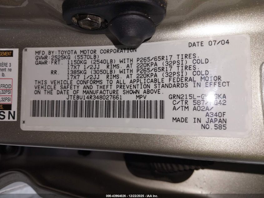 2004 Toyota 4Runner Sr5 V6 VIN: JTEBU14R348027661 Lot: 43964026