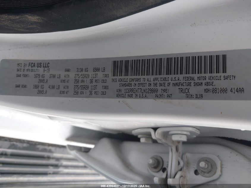 2020 Ram 1500 Limited 4X2 5'7 Box VIN: 1C6RREHT7LN129800 Lot: 43964027