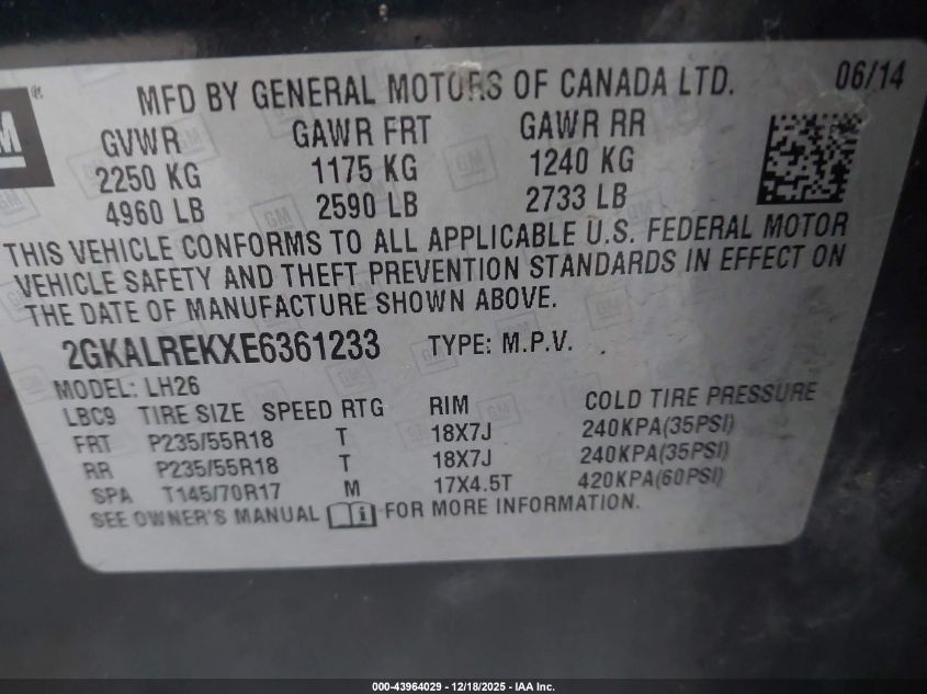 2014 GMC Terrain Sle-2 VIN: 2GKALREKXE6361233 Lot: 43964029