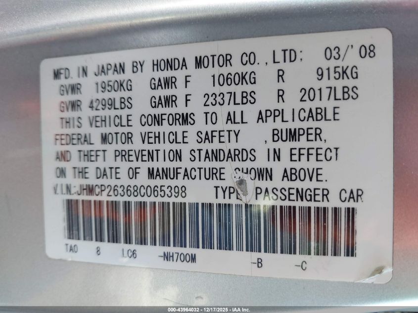 2008 Honda Accord 2.4 Lx VIN: JHMCP26368C065398 Lot: 43964032