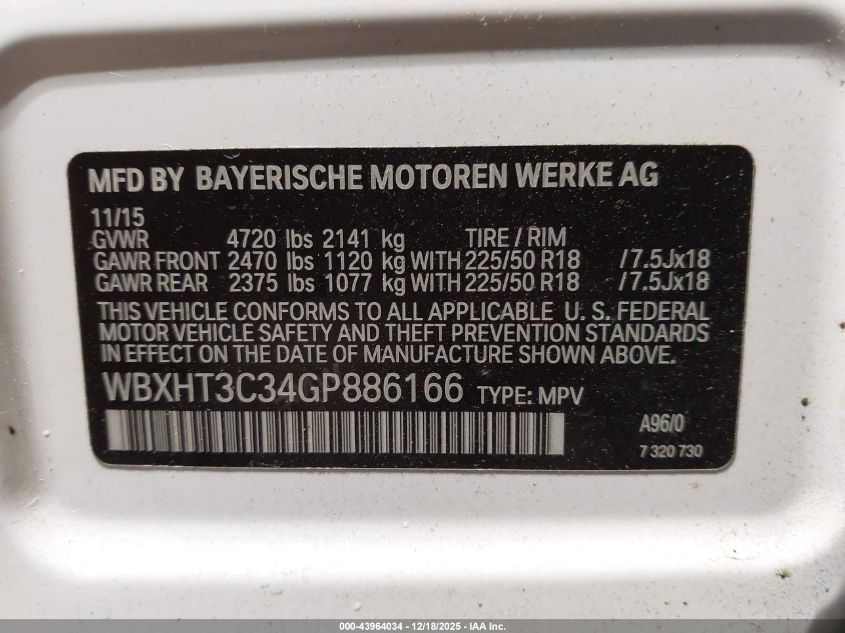 2016 BMW X1 xDrive28I VIN: WBXHT3C34GP886166 Lot: 43964034