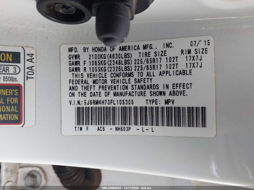 2015 Honda Cr-V Ex-L VIN: 5J6RM4H70FL105305 Lot: 43964035