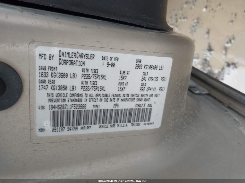 2001 Dodge Durango Slt VIN: 1B4HS28Z11F523986 Lot: 43964039