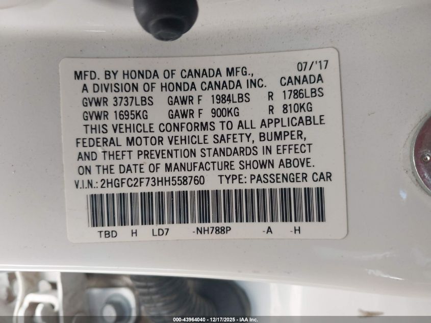 2017 Honda Civic Ex VIN: 2HGFC2F73HH558760 Lot: 43964040