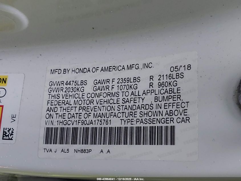 2018 Honda Accord Touring VIN: 1HGCV1F90JA175761 Lot: 43964041