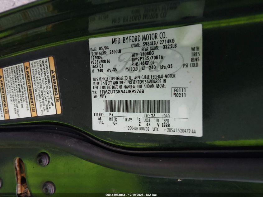 2004 Ford Explorer Nbx/Xlt VIN: 1FMZU73K54UB92768 Lot: 43964044