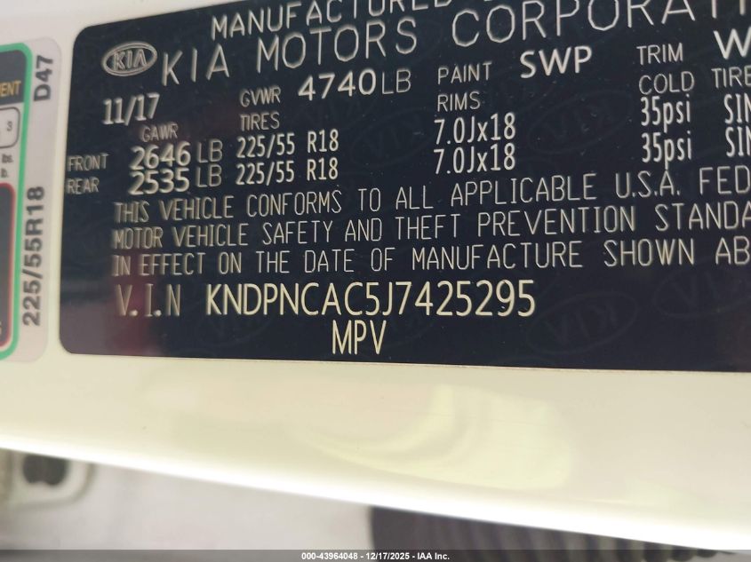 2018 Kia Sportage Ex VIN: KNDPNCAC5J7425295 Lot: 43964048