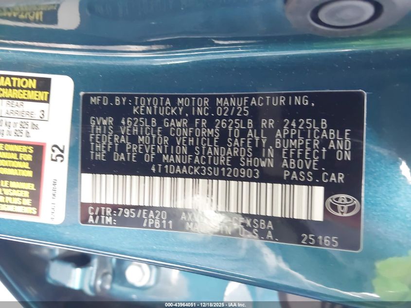 2025 Toyota Camry Se VIN: 4T1DAACK3SU120903 Lot: 43964051