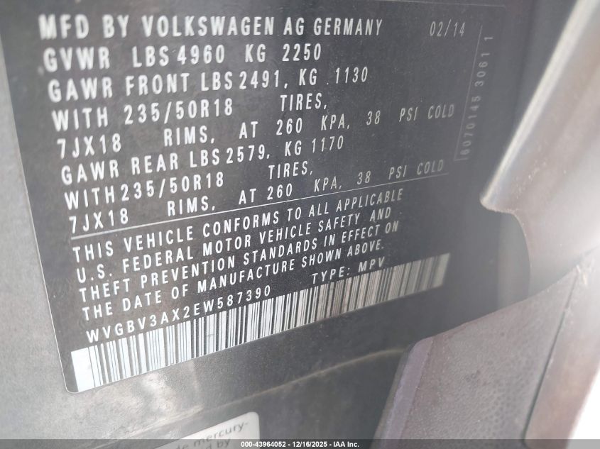 2014 Volkswagen Tiguan Sel VIN: WVGBV3AX2EW587390 Lot: 43964052