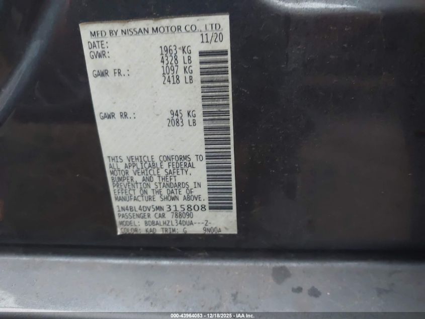 2021 Nissan Altima Sv Fwd VIN: 1N4BL4DV5MN315808 Lot: 43964053