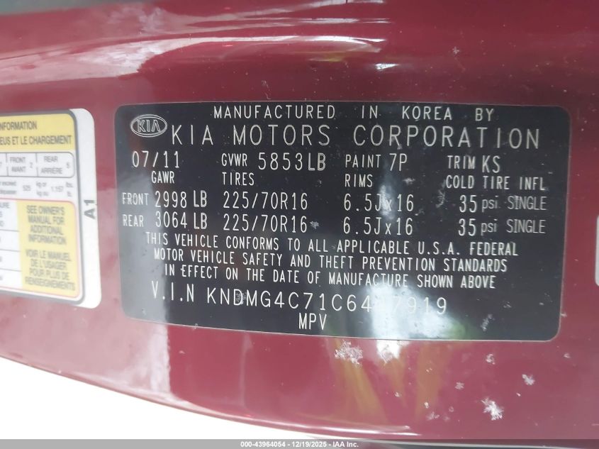 2012 Kia Sedona Lx VIN: KNDMG4C71C6447919 Lot: 43964054