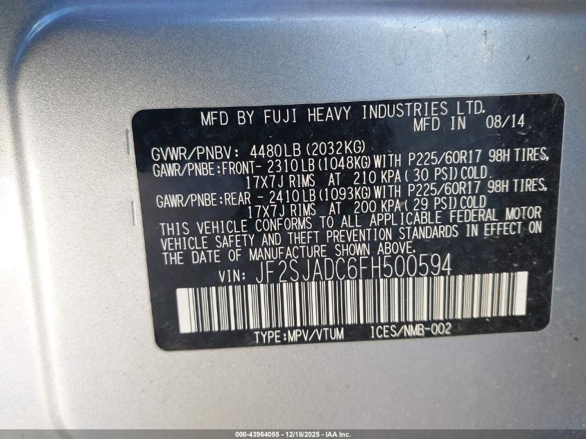 2015 Subaru Forester 2.5I Premium VIN: JF2SJADC6FH500594 Lot: 43964055