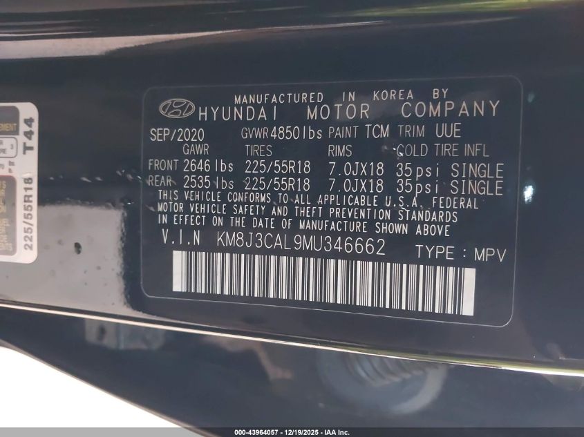 2021 Hyundai Tucson Ultimate VIN: KM8J3CAL9MU346662 Lot: 43964057