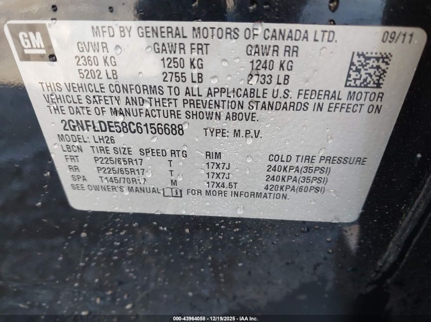 2012 Chevrolet Equinox 1Lt VIN: 2GNFLDE58C6156688 Lot: 43964058