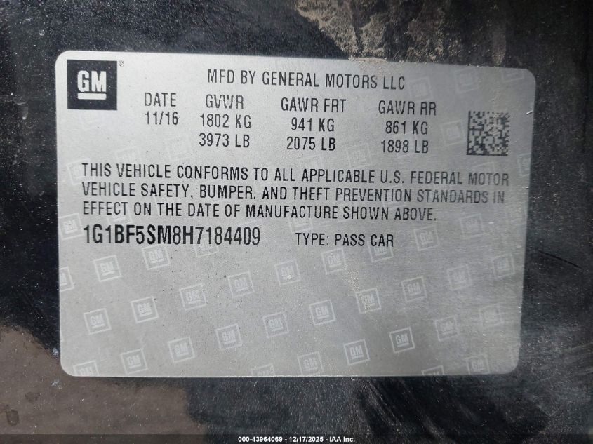 2017 Chevrolet Cruze Premier Auto VIN: 1G1BF5SM8H7184409 Lot: 43964069