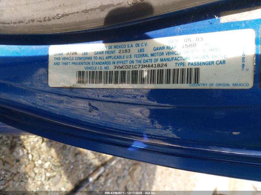 2003 Volkswagen New Beetle Gls 1.8T VIN: 3VWCD21C73M441824 Lot: 43964071