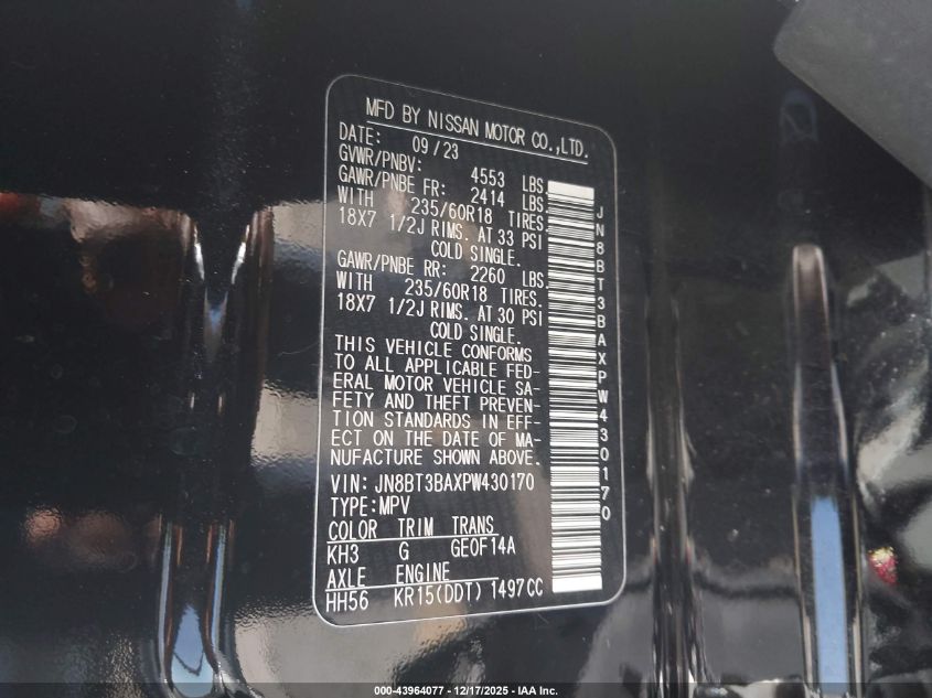 2023 Nissan Rogue Sv Fwd VIN: JN8BT3BAXPW430170 Lot: 43964077