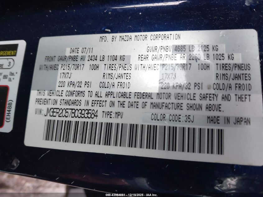 2011 Mazda Cx-7 I Touring VIN: JM3ER2C57B0393584 Lot: 43964081